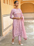 Janasya Women's Mauve Poly Silk Floral Embroidery Kurta With Pant And Dupatta | Grocsy