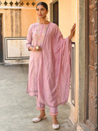 Janasya Women's Mauve Poly Silk Floral Embroidery Kurta With Pant And Dupatta | Grocsy
