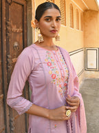 Janasya Women's Mauve Poly Silk Floral Embroidery Kurta With Pant And Dupatta | Grocsy