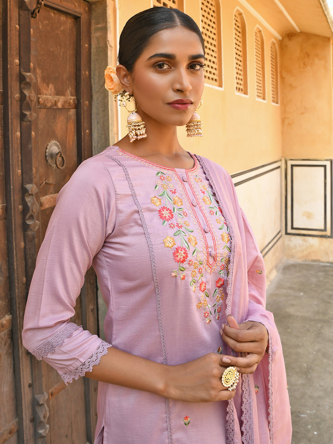 Janasya Women's Mauve Poly Silk Floral Embroidery Kurta With Pant And Dupatta | Grocsy