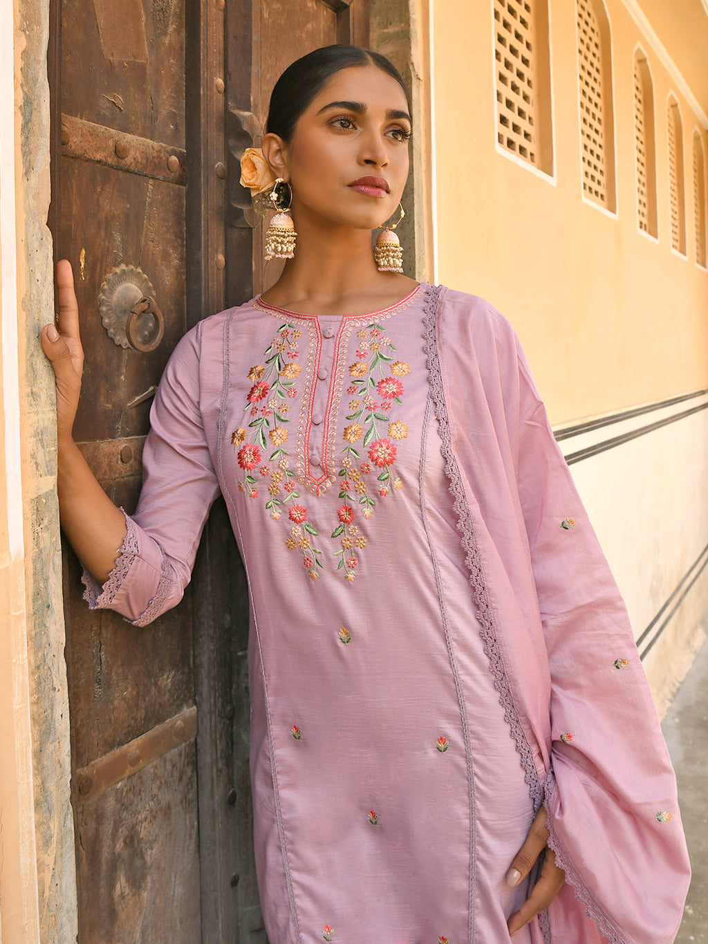 Janasya Women's Mauve Poly Silk Floral Embroidery Kurta With Pant And Dupatta | Grocsy