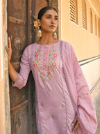 Janasya Women's Mauve Poly Silk Floral Embroidery Kurta With Pant And Dupatta | Grocsy