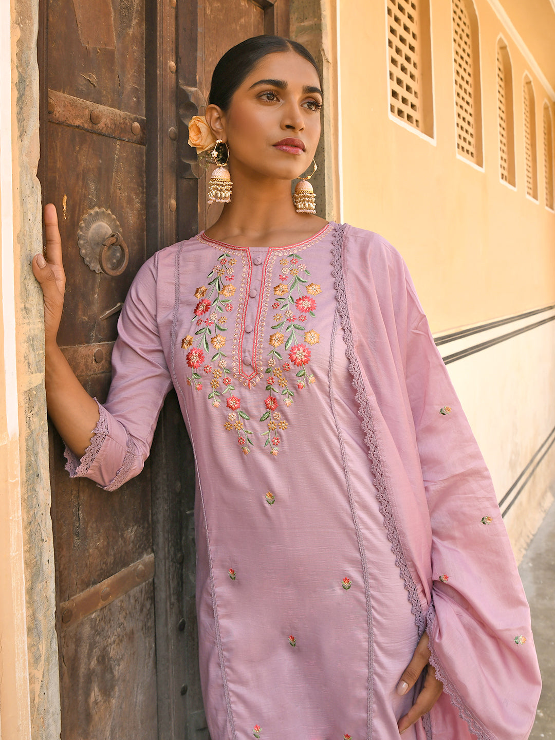 Janasya Women's Mauve Poly Silk Floral Embroidery Kurta With Pant And Dupatta | Grocsy