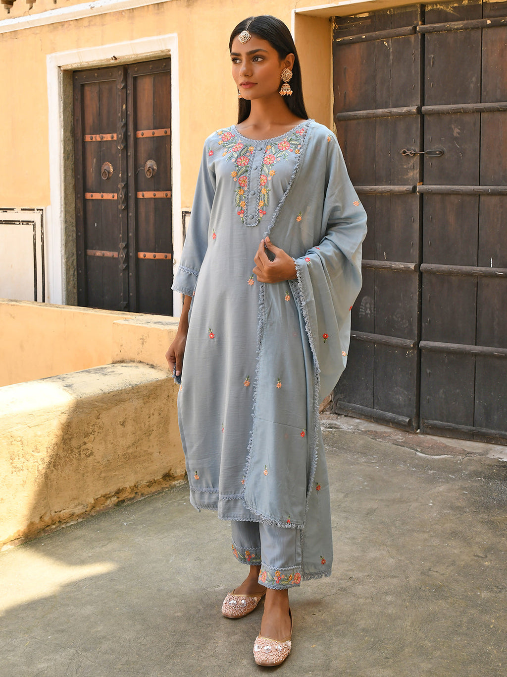 Janasya Women's Mint Blue Poly Silk Floral Embroidery Kurta With Pant And Dupatta | Grocsy