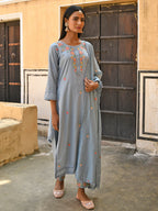 Janasya Women's Mint Blue Poly Silk Floral Embroidery Kurta With Pant And Dupatta | Grocsy