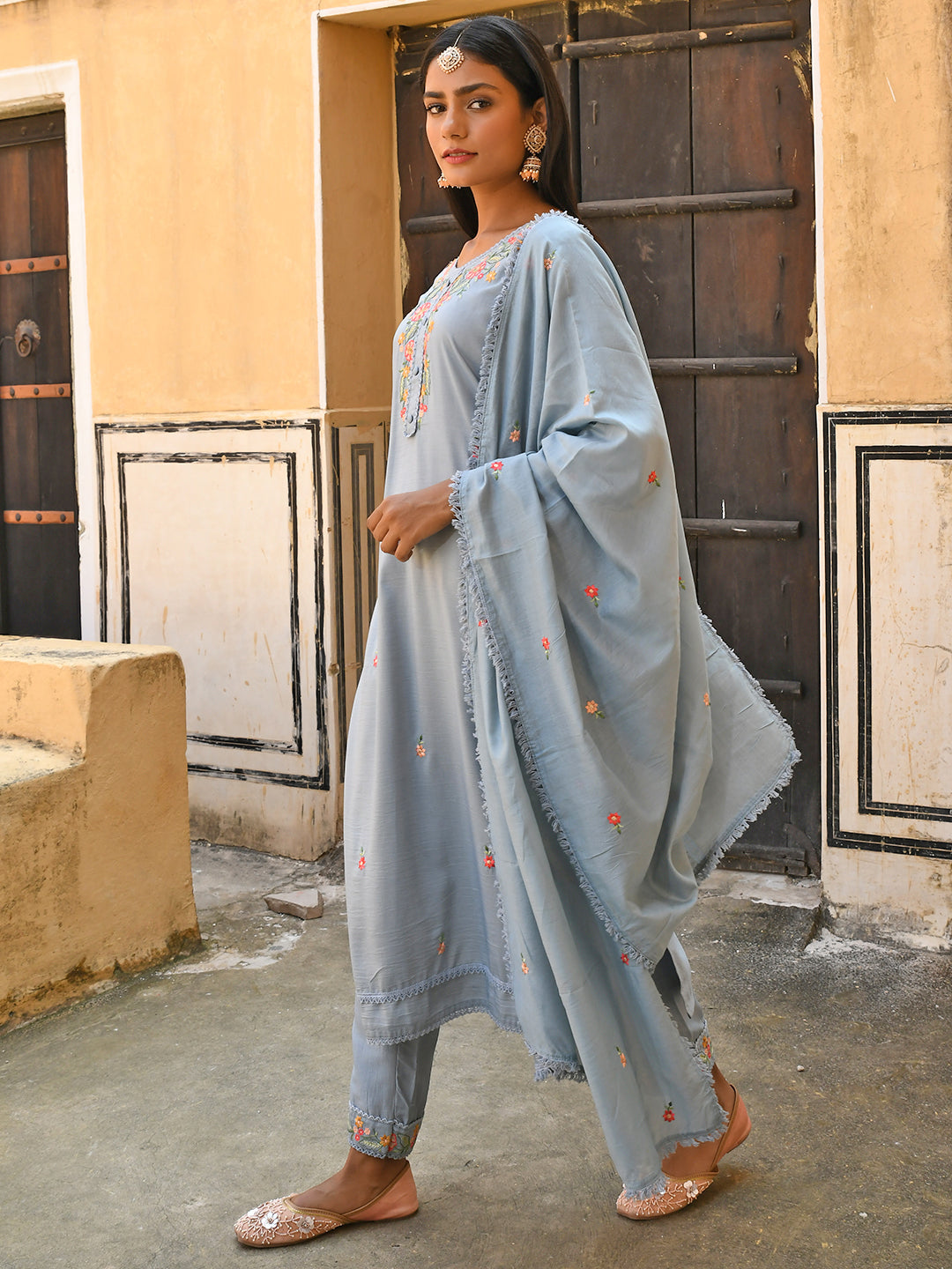 Janasya Women's Mint Blue Poly Silk Floral Embroidery Kurta With Pant And Dupatta | Grocsy