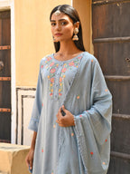 Janasya Women's Mint Blue Poly Silk Floral Embroidery Kurta With Pant And Dupatta | Grocsy