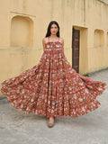 Janasya Women's Red Cotton Floral Print Tiered Western Dress | Grocsy