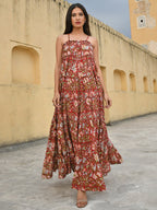 Janasya Women's Red Cotton Floral Print Tiered Western Dress | Grocsy