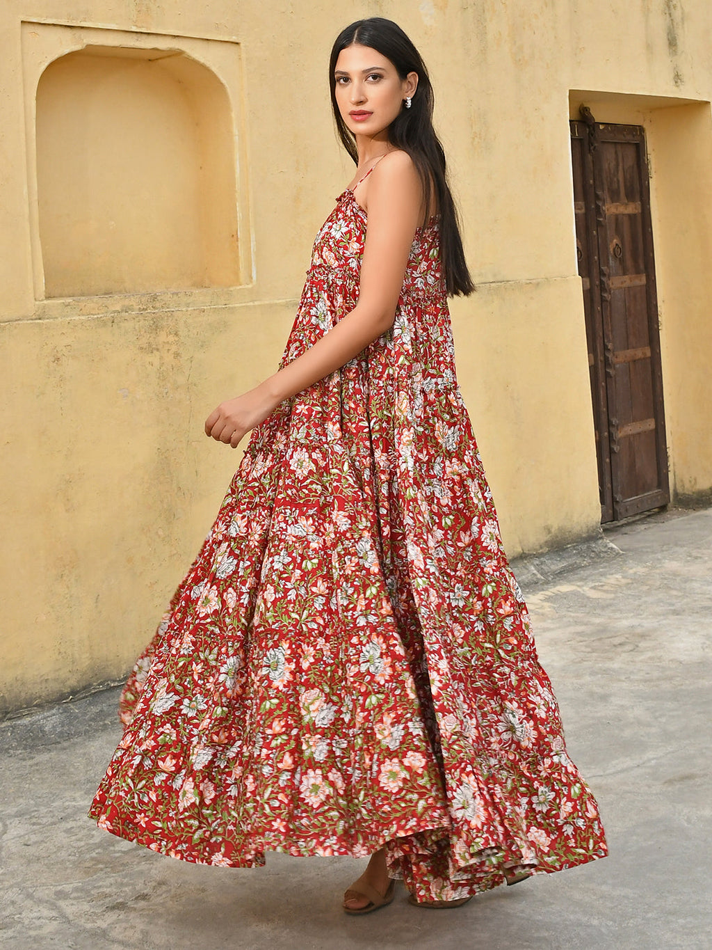 Janasya Women's Red Cotton Floral Print Tiered Western Dress | Grocsy