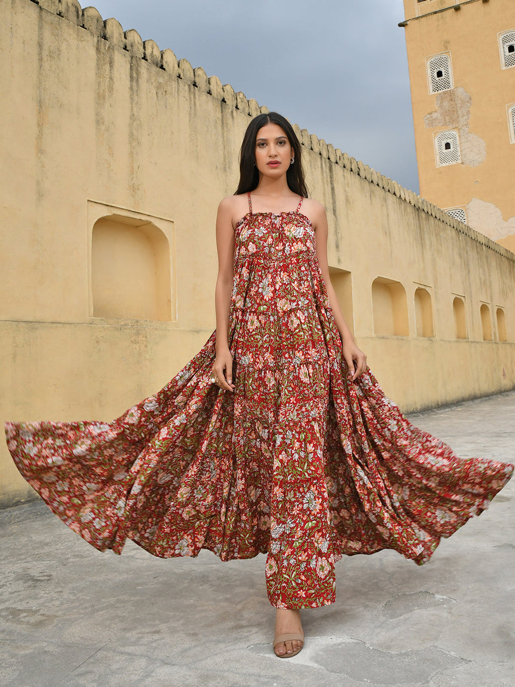 Janasya Women's Red Cotton Floral Print Tiered Western Dress | Grocsy