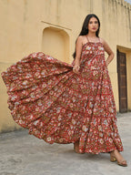 Janasya Women's Red Cotton Floral Print Tiered Western Dress | Grocsy