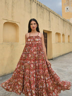 Janasya Women's Red Cotton Floral Print Tiered Western Dress | Grocsy