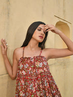 Janasya Women's Red Cotton Floral Print Tiered Western Dress | Grocsy
