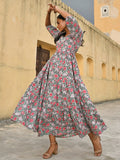 Janasya Women's Pastel Green Cotton Floral Print Tiered Western Dress | Grocsy