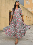 Janasya Women's Pastel Green Cotton Floral Print Tiered Western Dress | Grocsy
