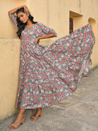 Janasya Women's Pastel Green Cotton Floral Print Tiered Western Dress | Grocsy