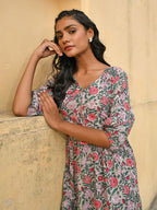 Janasya Women's Pastel Green Cotton Floral Print Tiered Western Dress | Grocsy