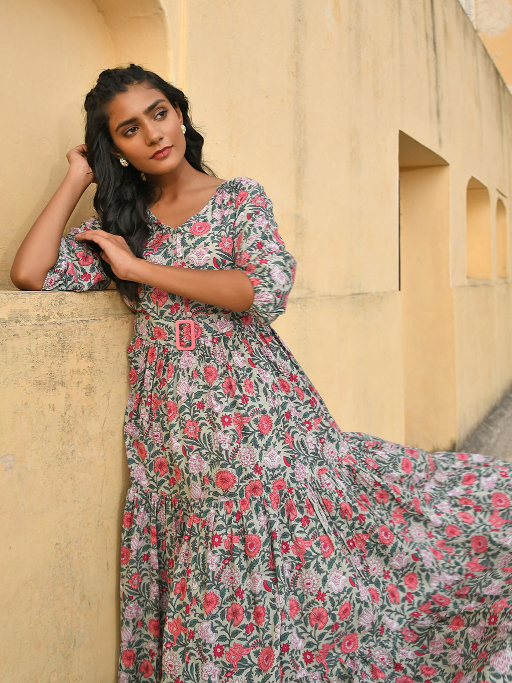 Janasya Women's Pastel Green Cotton Floral Print Tiered Western Dress | Grocsy