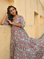 Janasya Women's Pastel Green Cotton Floral Print Tiered Western Dress | Grocsy