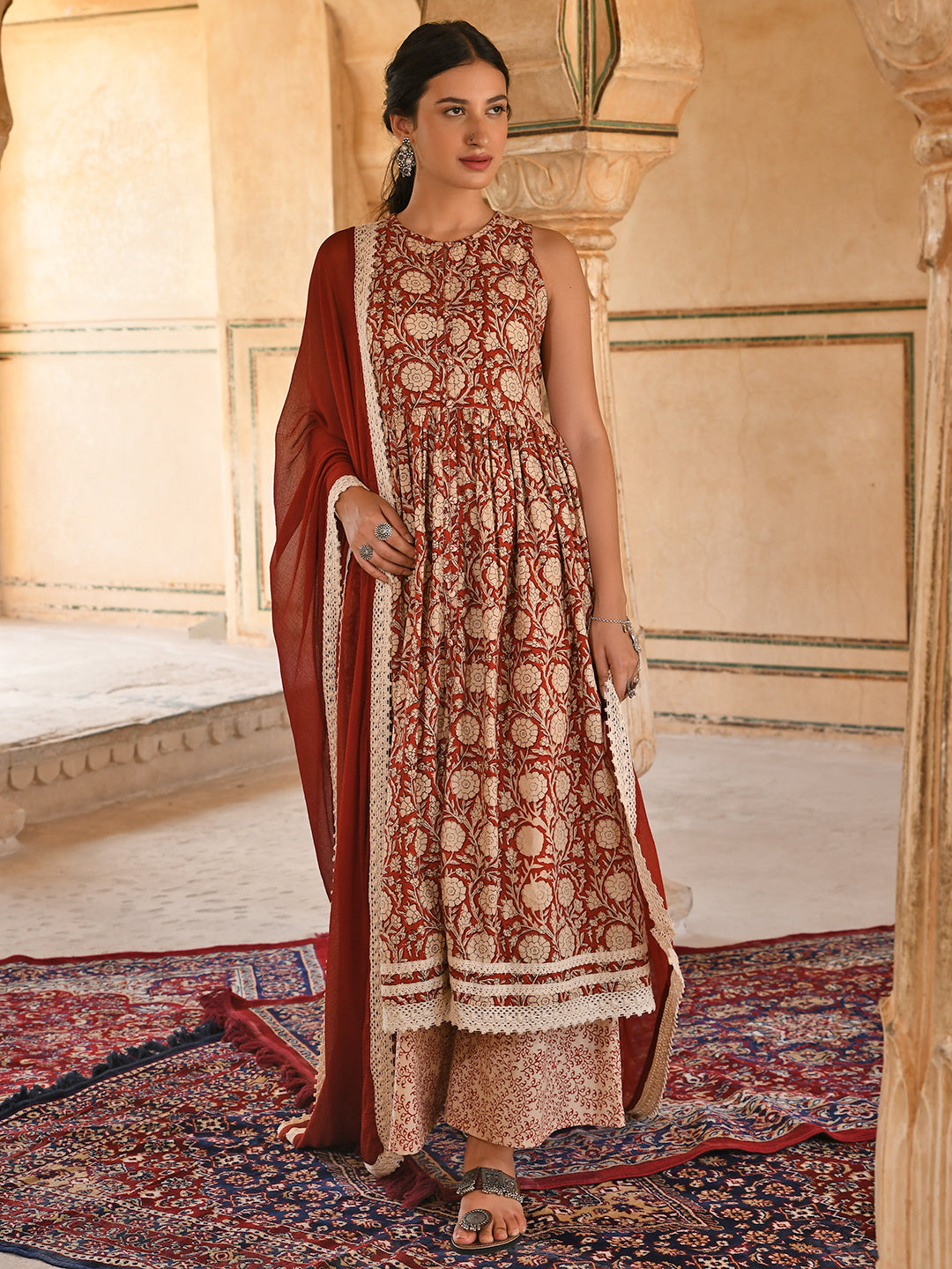 Janasya Women's Rust Cotton Floral Print Kurta With Palazzo And Dupatta | Grocsy