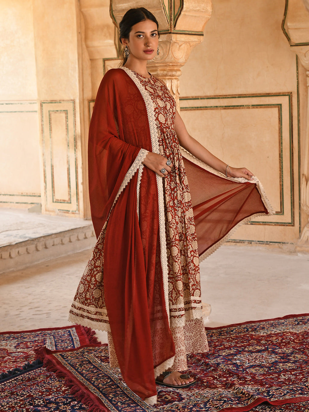 Janasya Women's Rust Cotton Floral Print Kurta With Palazzo And Dupatta | Grocsy