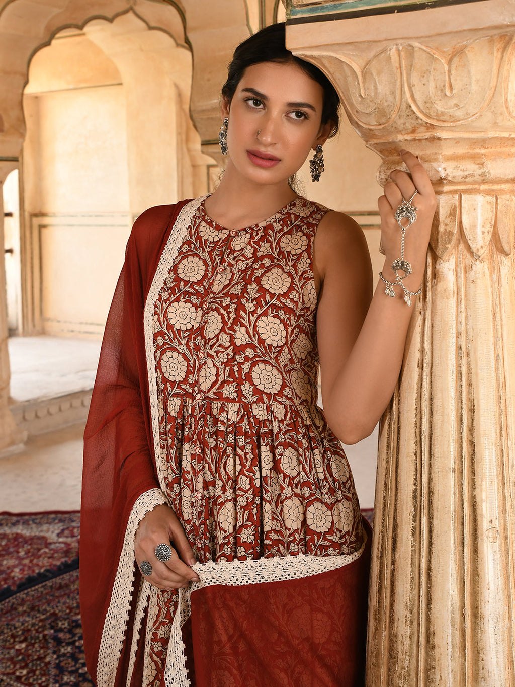Janasya Women's Rust Cotton Floral Print Kurta With Palazzo And Dupatta | Grocsy
