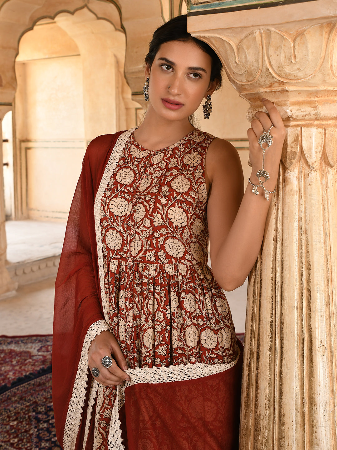 Janasya Women's Rust Cotton Floral Print Kurta With Palazzo And Dupatta | Grocsy