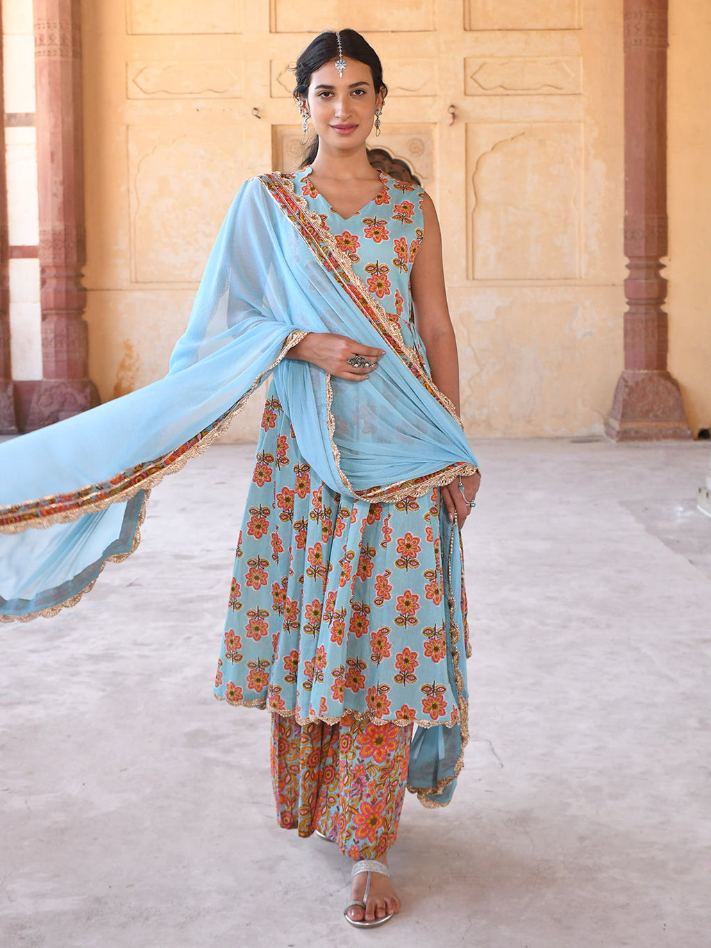 Janasya Women's Mint Blue Cotton Floral Print Kurta With Palazzo And Dupatta | Grocsy