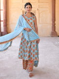 Janasya Women's Mint Blue Cotton Floral Print Kurta With Palazzo And Dupatta | Grocsy