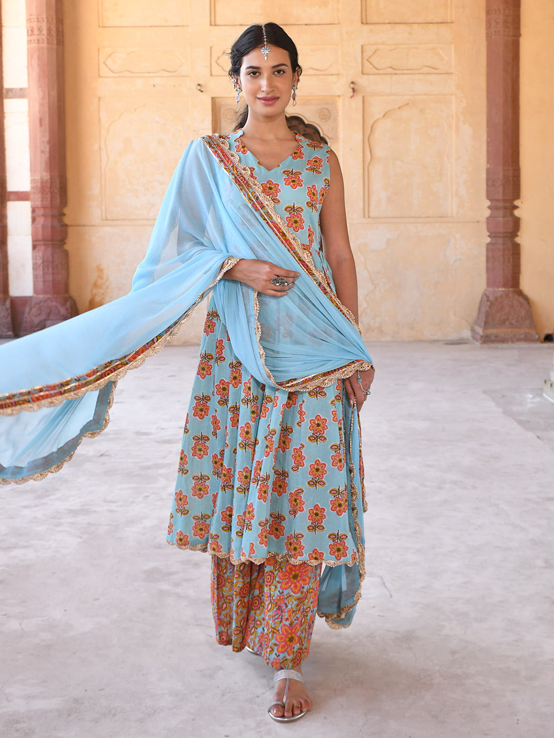 Janasya Women's Mint Blue Cotton Floral Print Kurta With Palazzo And Dupatta | Grocsy
