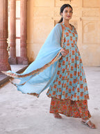Janasya Women's Mint Blue Cotton Floral Print Kurta With Palazzo And Dupatta | Grocsy
