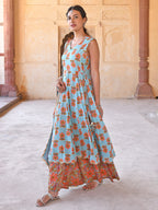 Janasya Women's Mint Blue Cotton Floral Print Kurta With Palazzo And Dupatta | Grocsy
