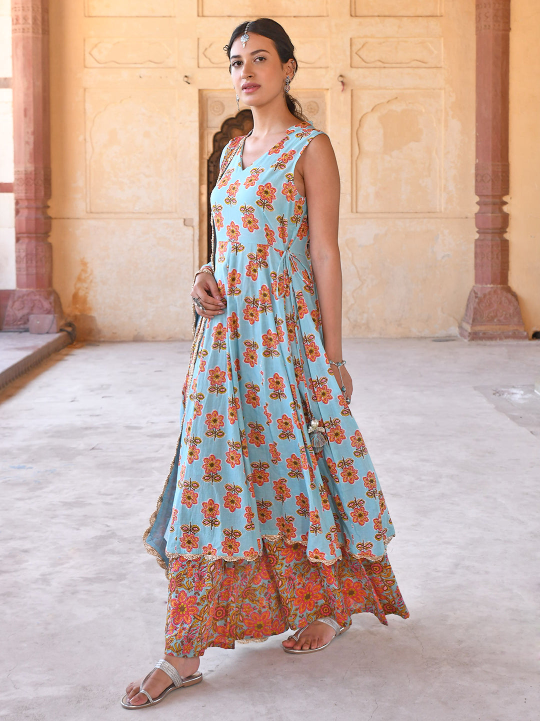 Janasya Women's Mint Blue Cotton Floral Print Kurta With Palazzo And Dupatta | Grocsy