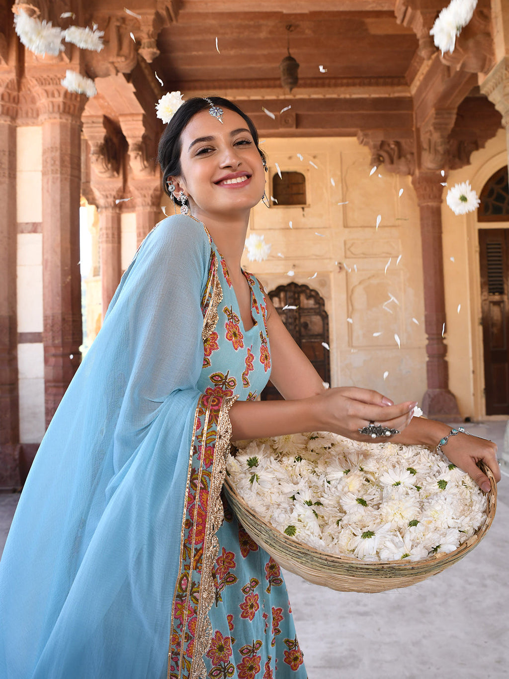 Janasya Women's Mint Blue Cotton Floral Print Kurta With Palazzo And Dupatta | Grocsy