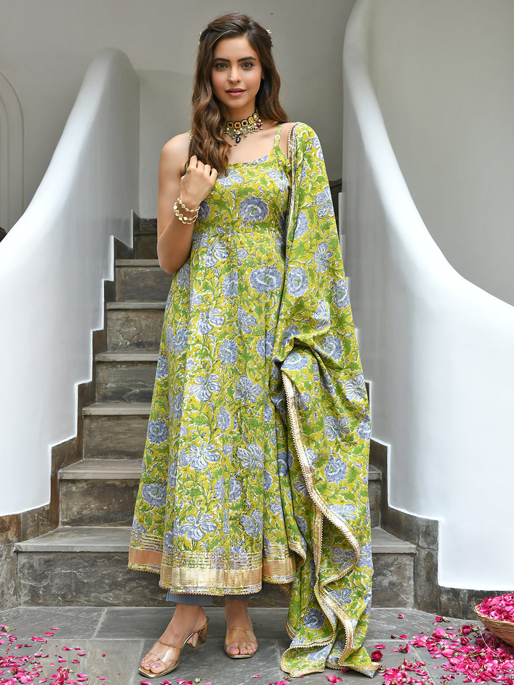 Janasya Women's Mustard Cotton Printed Kurta With Pant And Dupatta | Grocsy
