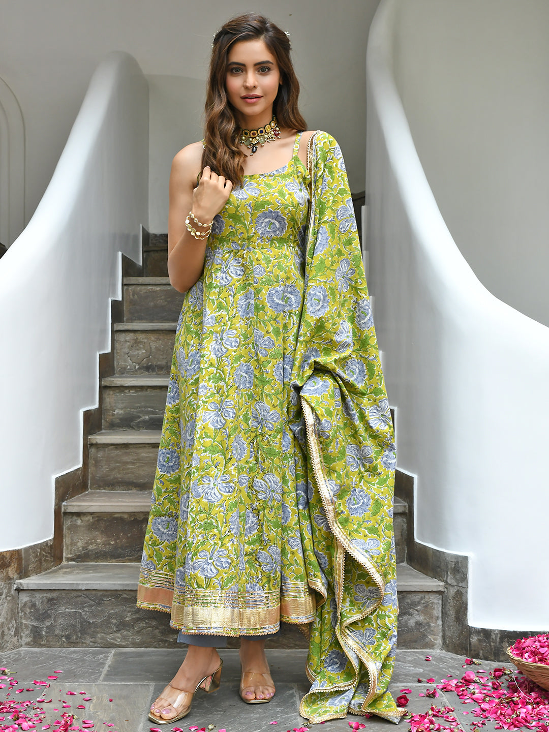 Janasya Women's Mustard Cotton Printed Kurta With Pant And Dupatta | Grocsy
