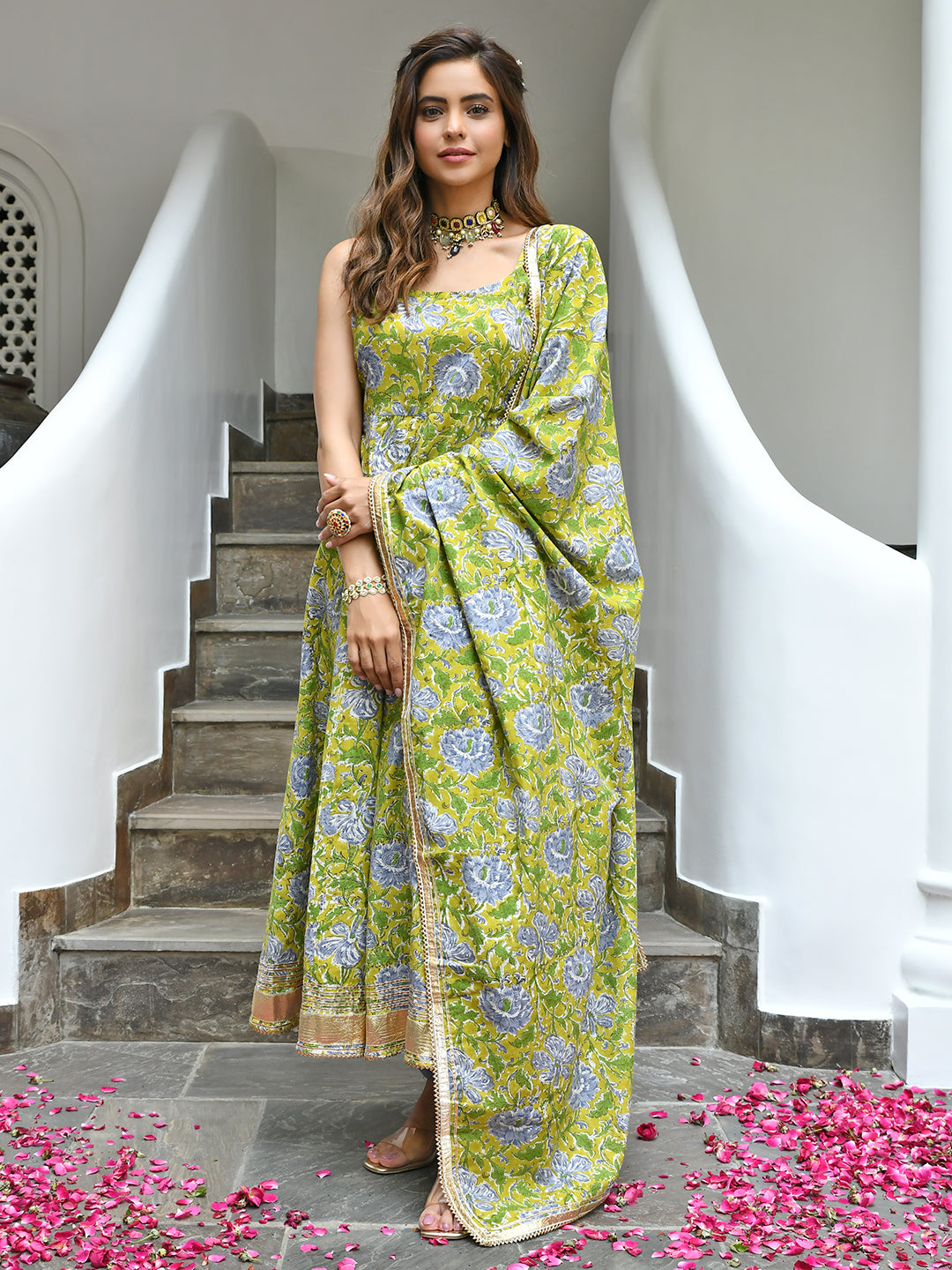 Janasya Women's Mustard Cotton Printed Kurta With Pant And Dupatta | Grocsy