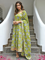 Janasya Women's Mustard Cotton Printed Kurta With Pant And Dupatta | Grocsy