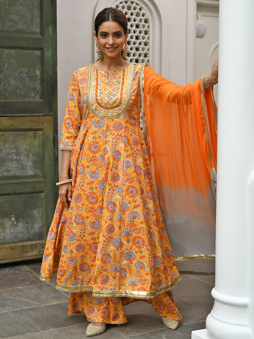 Janasya Women's Mustard Cotton Embroidered Kurta With Palazzo And Dupatta | Grocsy