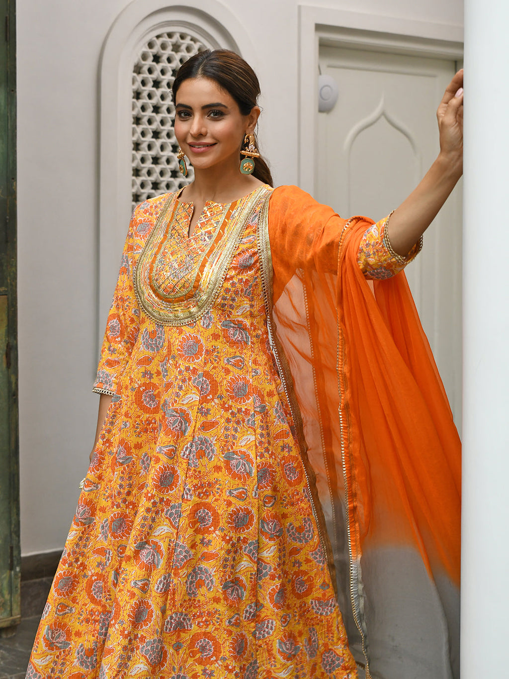 Janasya Women's Mustard Cotton Embroidered Kurta With Palazzo And Dupatta | Grocsy