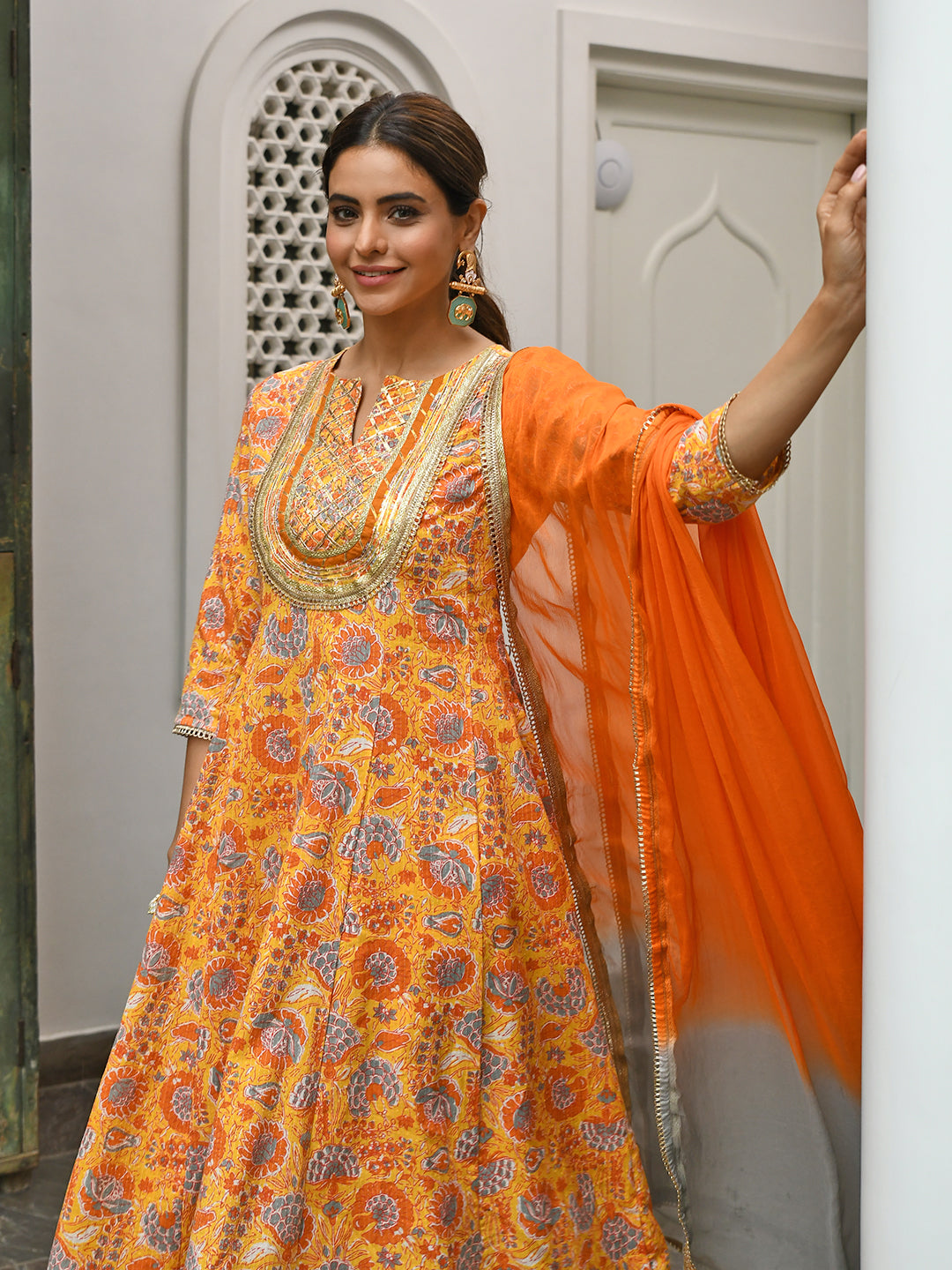 Janasya Women's Mustard Cotton Embroidered Kurta With Palazzo And Dupatta | Grocsy