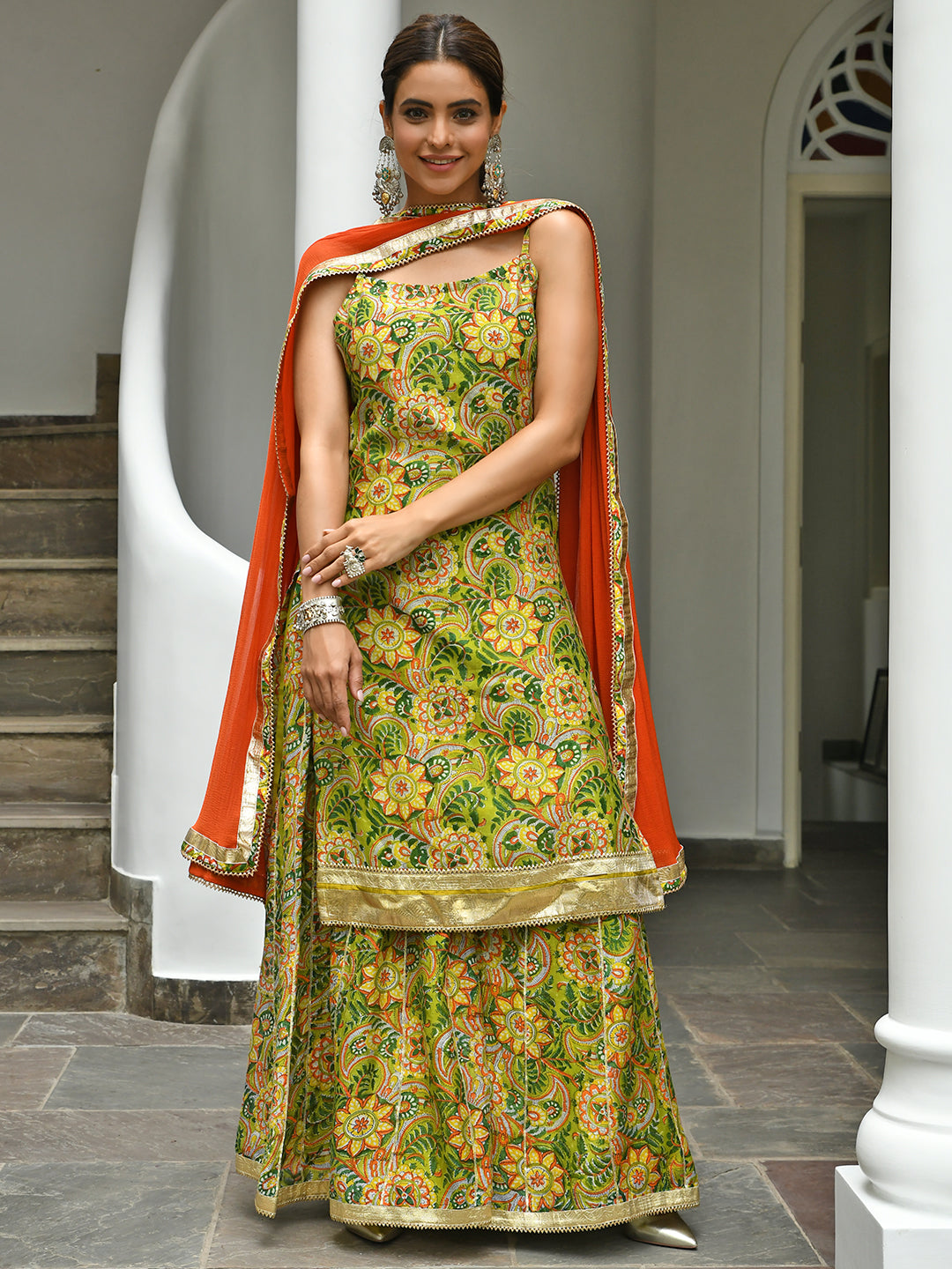 Janasya Women's Green Cotton Floral Block Print Kurta With Palazzo And Dupatta | Grocsy