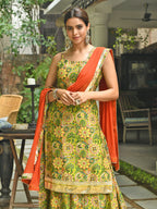 Janasya Women's Green Cotton Floral Block Print Kurta With Palazzo And Dupatta | Grocsy