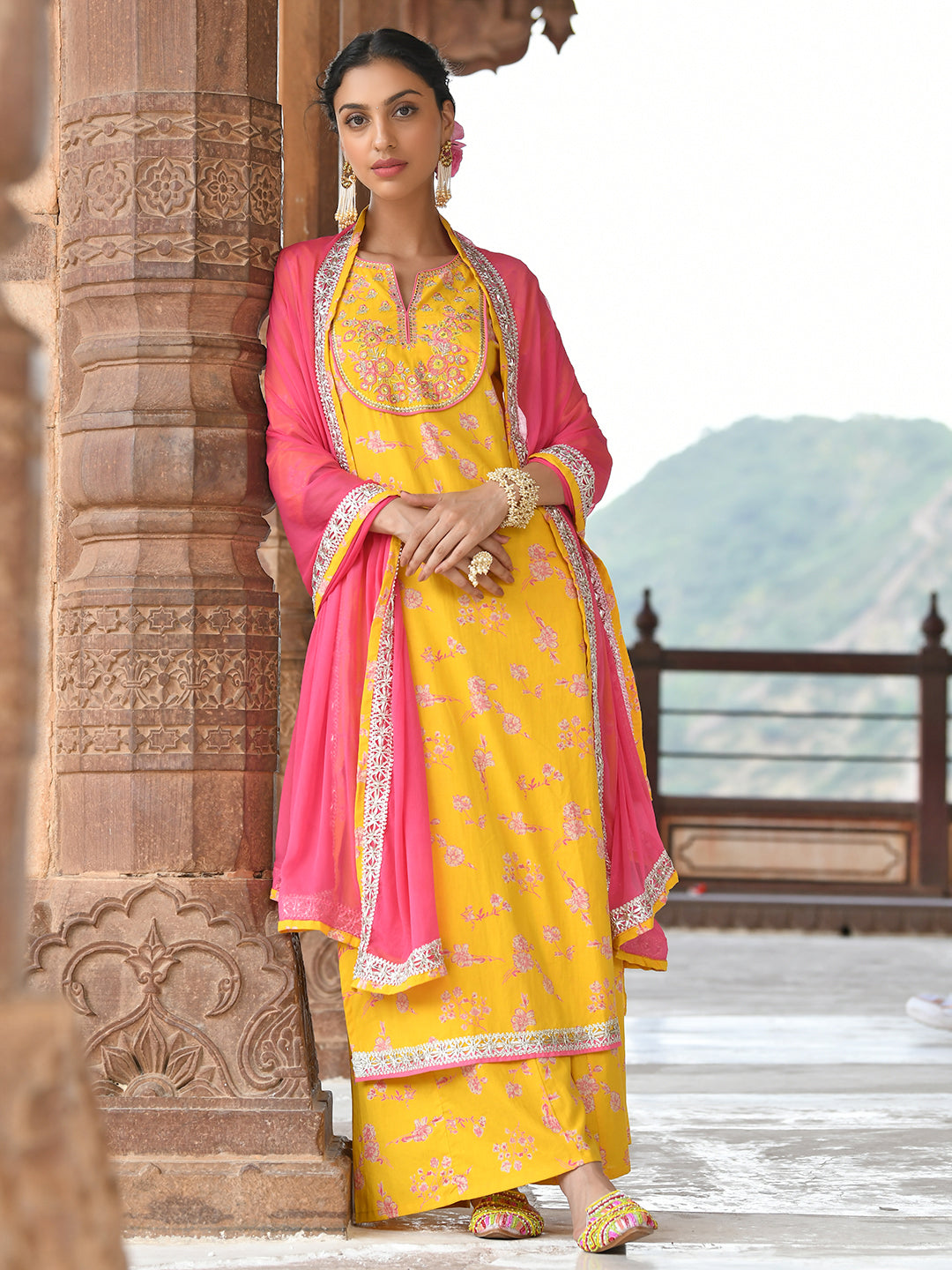 Janasya Women's Yellow Cotton Embroidered Kurta With Palazzo And Dupatta | Grocsy