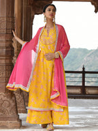 Janasya Women's Yellow Cotton Embroidered Kurta With Palazzo And Dupatta | Grocsy