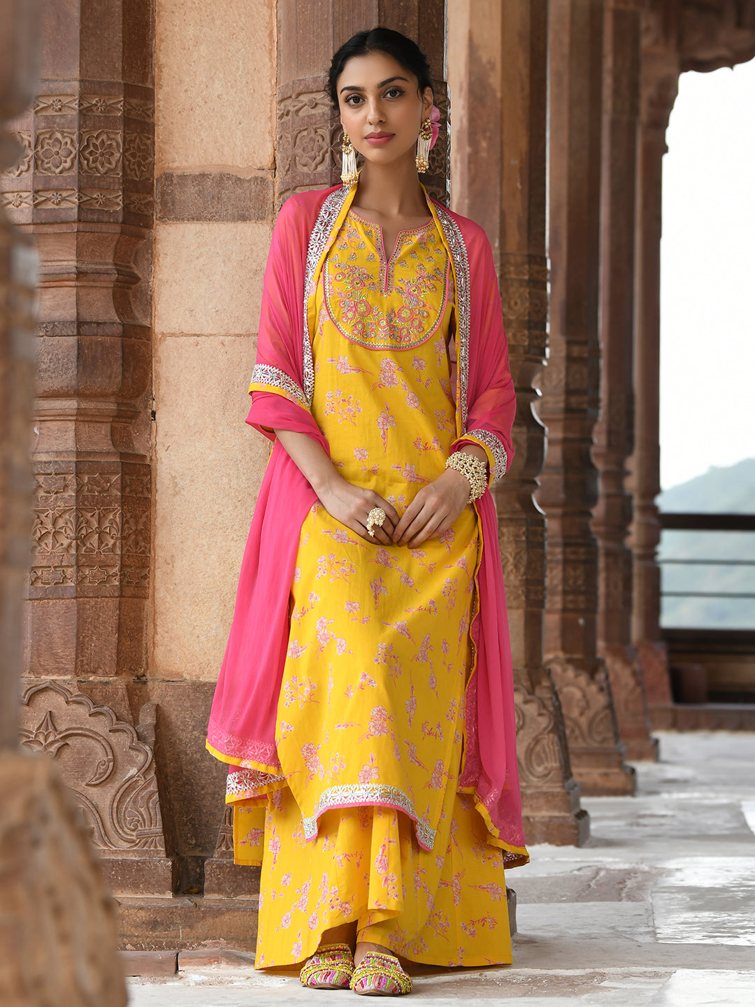 Janasya Women's Yellow Cotton Embroidered Kurta With Palazzo And Dupatta | Grocsy