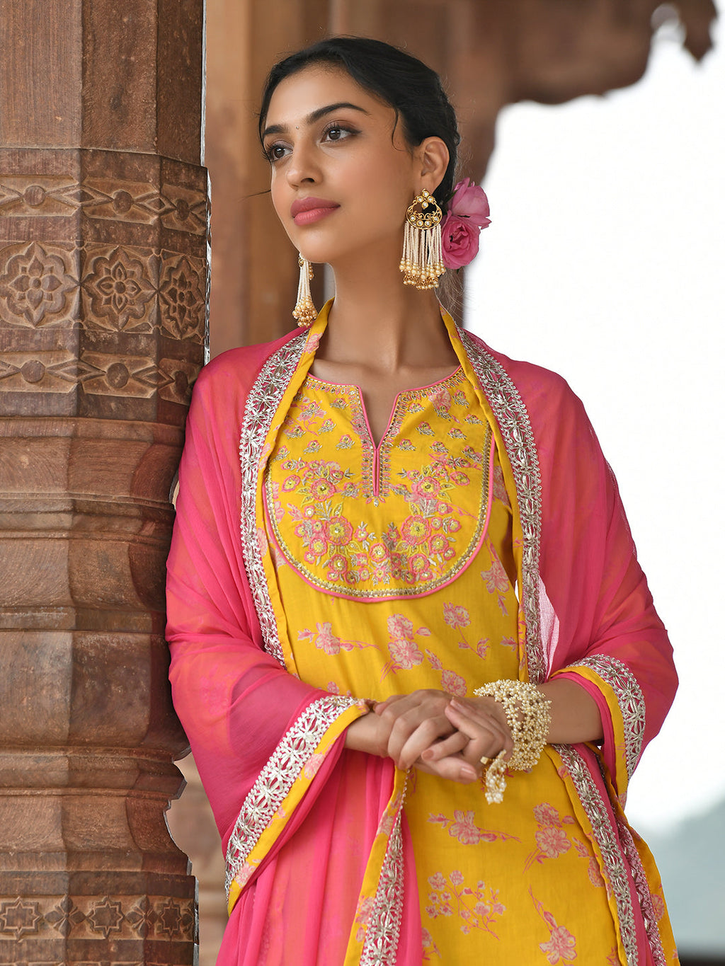 Janasya Women's Yellow Cotton Embroidered Kurta With Palazzo And Dupatta | Grocsy