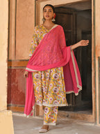 Janasya Women's Yellow Cotton Floral Print Kurta With Palazzo And Dupatta | Grocsy