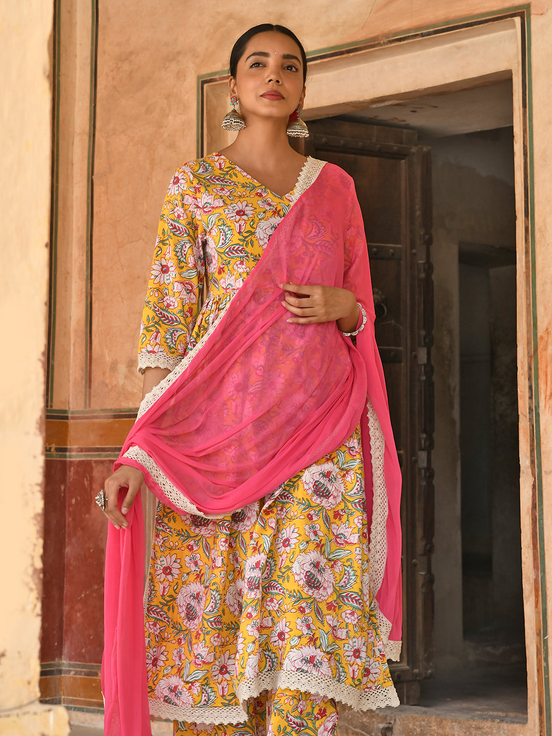 Janasya Women's Yellow Cotton Floral Print Kurta With Palazzo And Dupatta | Grocsy